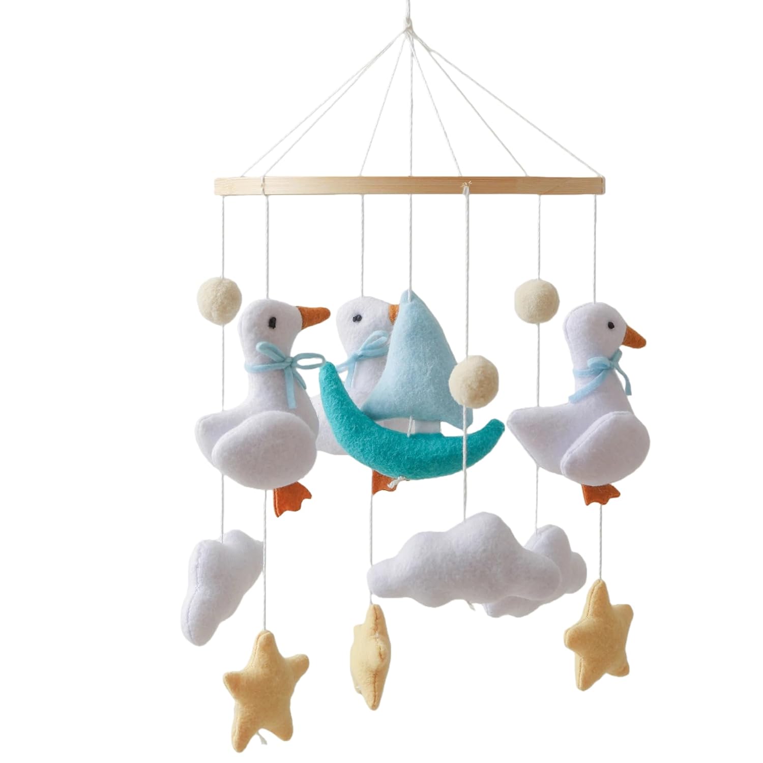 Early Spring Geese Theme Mobile Crib Toy,Gentle Blue White Yellow Mobile for Crib,Handmade Felt Clouds Bassinet,Cotton Animal Crib Bell for Boys Girls,Easy to Install Nursery Ceiling Decoration