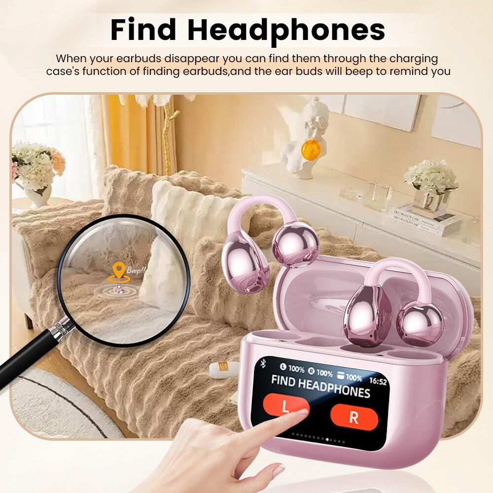 Clip On Ear Headphones, Open Ear Earbuds Wireless Bluetooth 5.4, Clip On Earbuds with LCD Touchscreen, Lightweight Comfort Open Ear Headphones for Pad Tablet Laptop Android/iOS Phones (Pink)