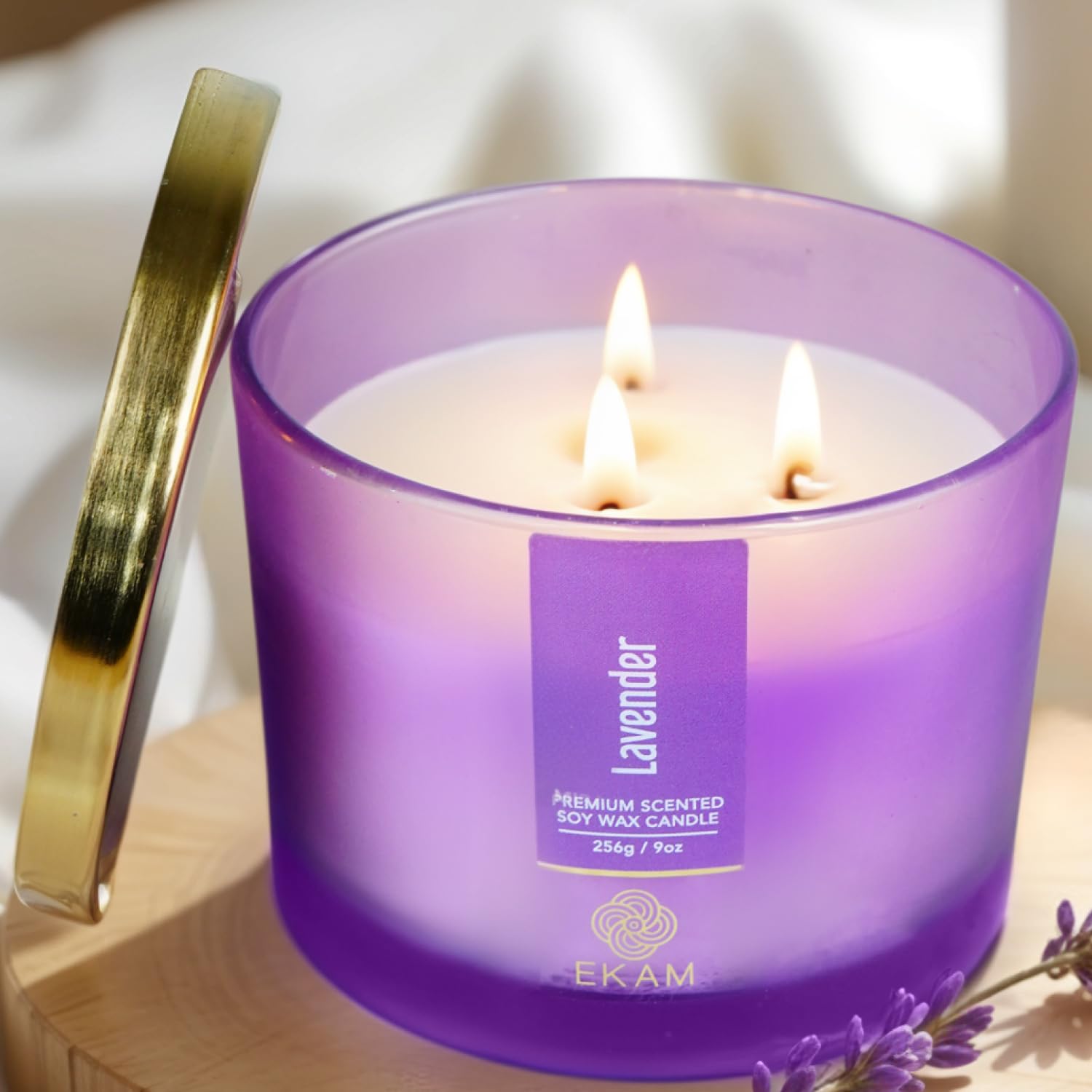 EKAM 3 Wick Soy Wax Scented Candle | Lavender Fragrance | 35 Hr Burn | Long Lasting Premium Jar Candle for Home Decor, Relaxation & Aromatherapy