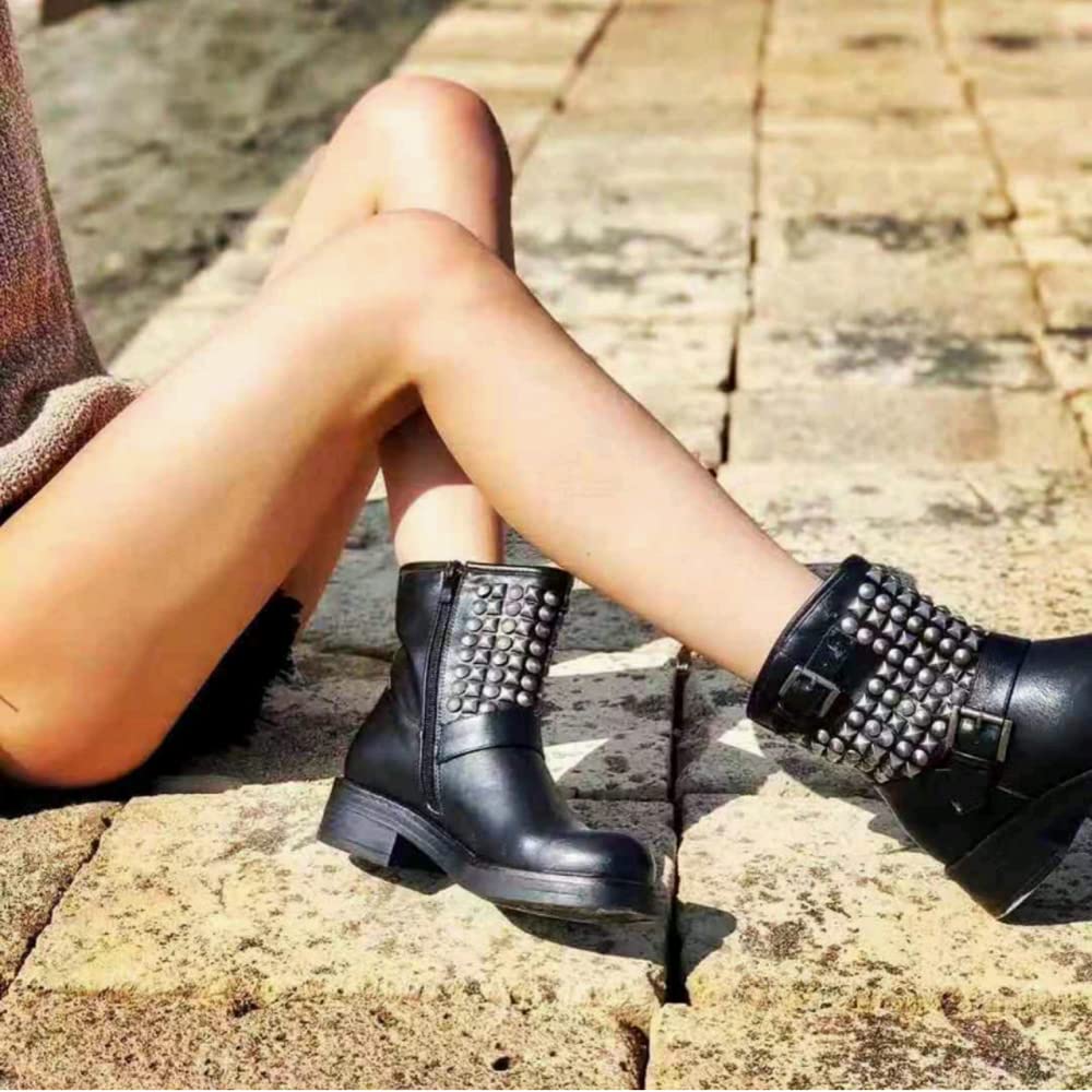 IF 8081A Bottines pour femme Cheville Anfibi Motocycliste Biker Boucle - Noir - 8081 Noir