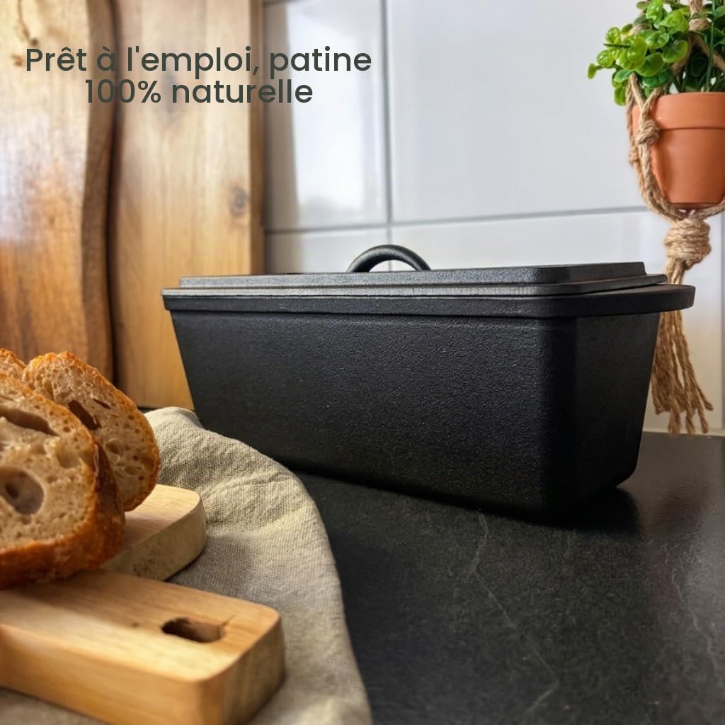 XENIA Moule à pain avec couvercle 28 cm – Avec poignées en silicone – Moule à pain en fonte pour pain et pâte à levre – 3 L Dutch Oven & rôtissoire rectangulaire – Convient pour induction et four