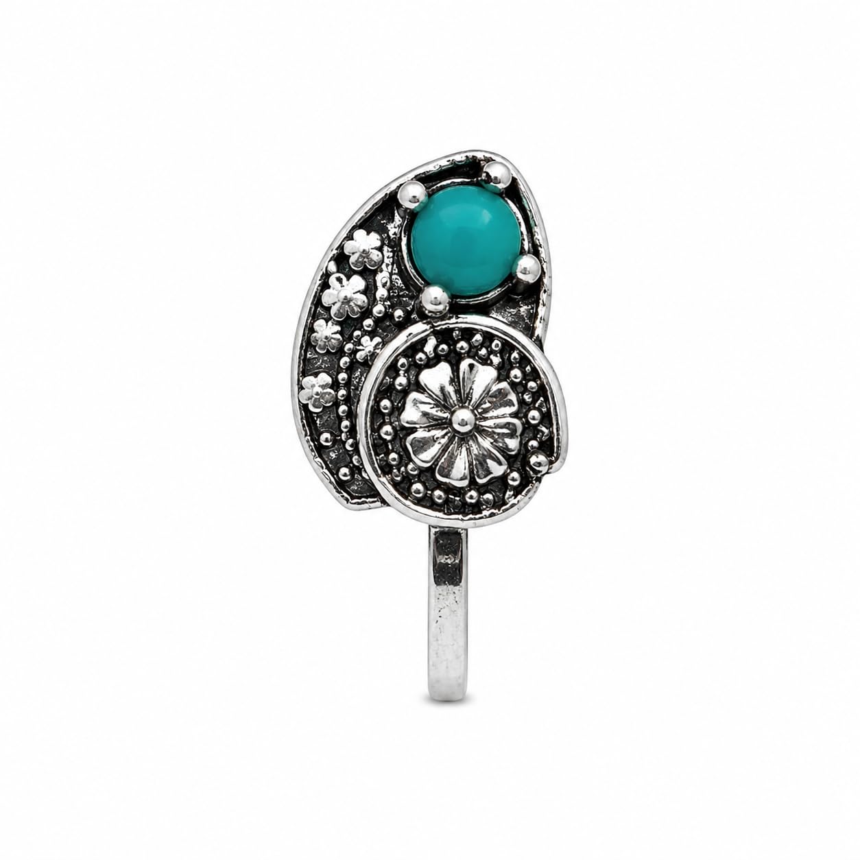 Jewellery Elegant Oxidised Silver Finish Aqua Green Stone Floral Star Design Adjustable Nose Pin | Press-On Nose Ring | Without Piercing | Nathiya | Nathani | For Women & Girls-image-38