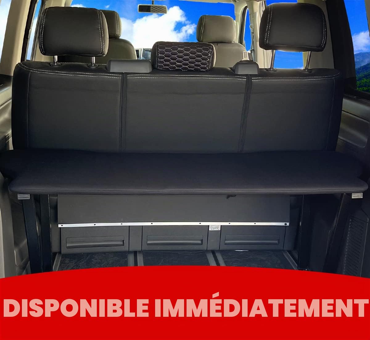 BREMER SITZBEZÜGE Tableau multiflex compatible avec VW Multivan T5 T6 T6.1, extension de lit, matelas de couchage, hauteur 51 cm, avec consoles et matelas pliant uni noir