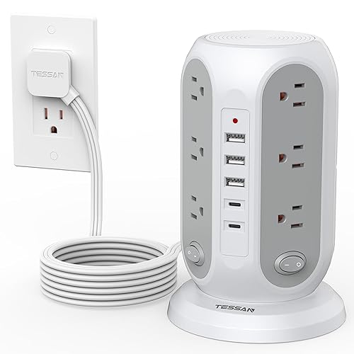 Tower Power Strip with Individual Switches, TESSAN Surge Protector with 12 Outlets, 5 USB Ports(2 USB C), Flat Extension Cord 10 Ft, Flat Plug, Charging Station for Multiple Devices, for Office, Dorm - 10 FT - Grey