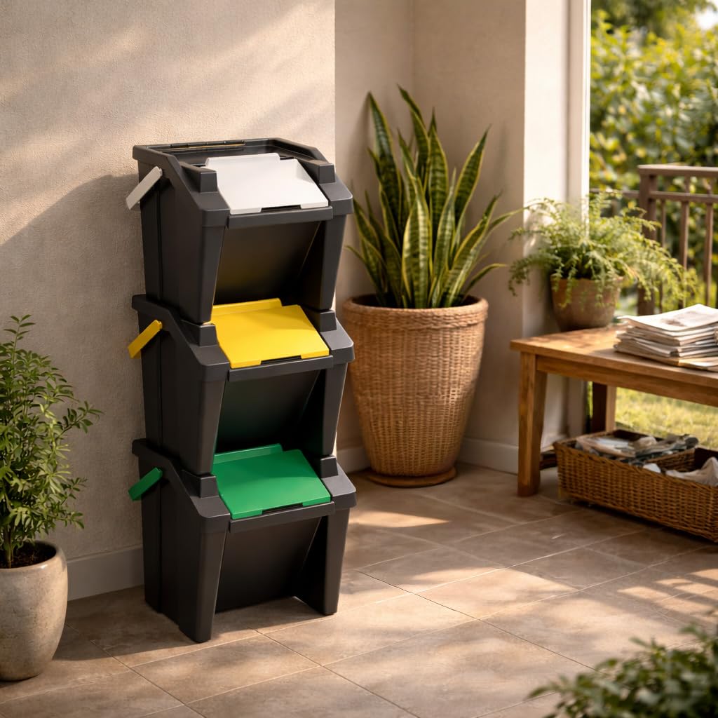 Maury's Set 3 Pattumiere da 30 Litri Differenziate Cestini e Bidoni da Interno ed Esterno per una Raccolta Differenziata Pratica e Organizzata Ecologic Componibile Con Manici Made in Italy