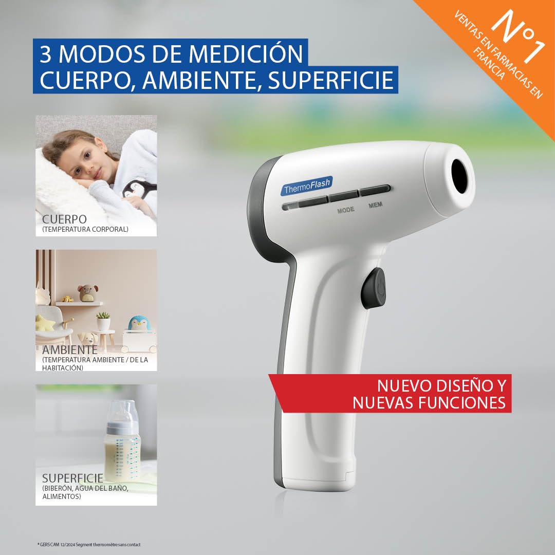 BIOSYNEX - THERMOFLASH Premium - Termómetro Frontal Sin Contacto para Bebés, Niños y Adultos - Termómetro Infrarrojo Médico - Temperatura Corporal, Ambiental, de Superficies (Baño, Biberón...)
