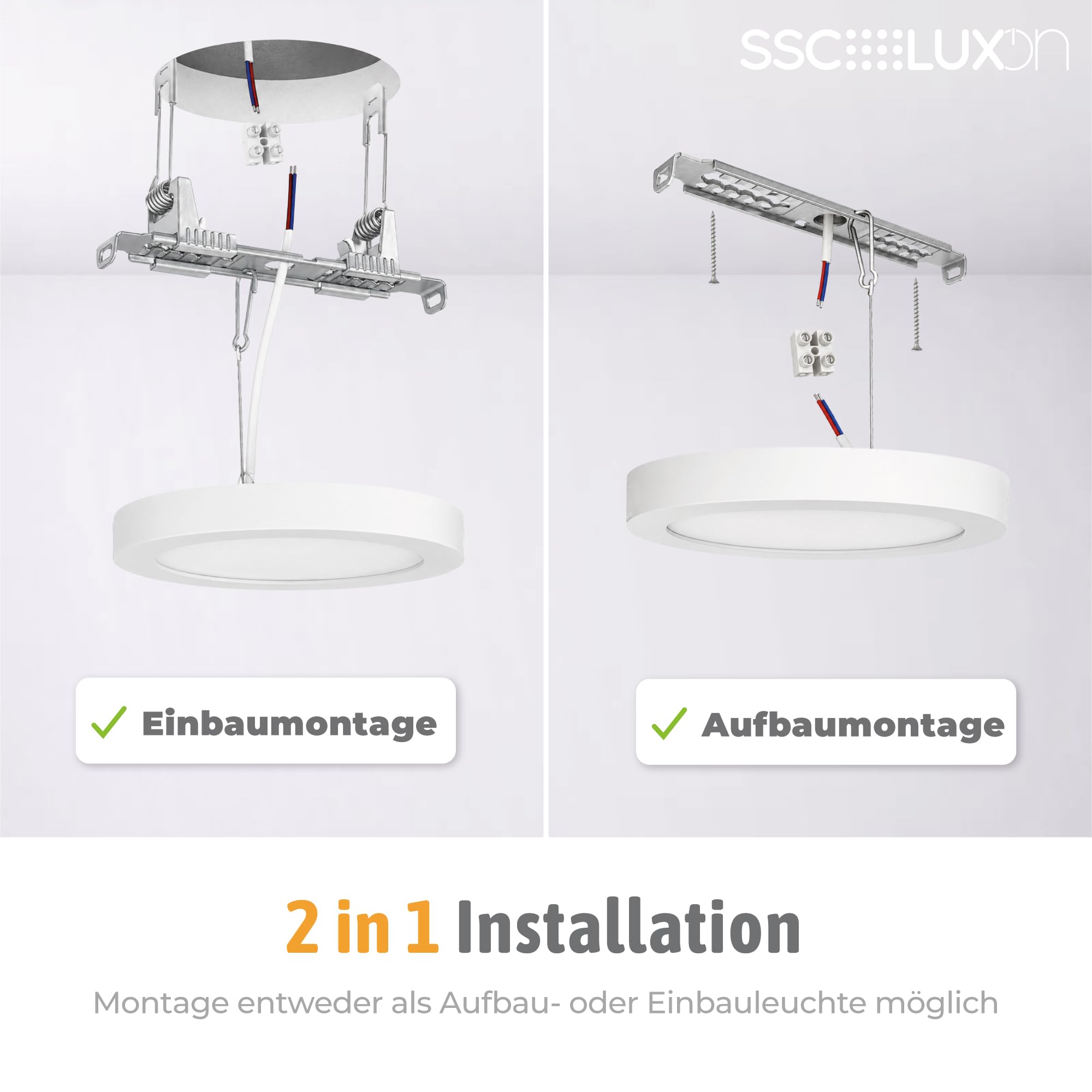 SSC-LUXon 6er Pack VORALO 2in1 flache Deckenlampe Einbau & Aufbau LED warmweiß - Ø 14cm Einbauleuchte/Aufbauleuchte Spotlight
