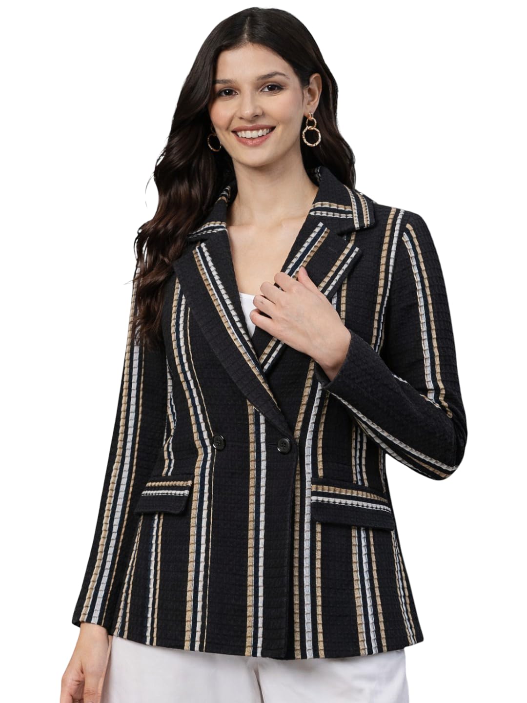 Women Striped Double-Breasted Cotton Blazer-image-39