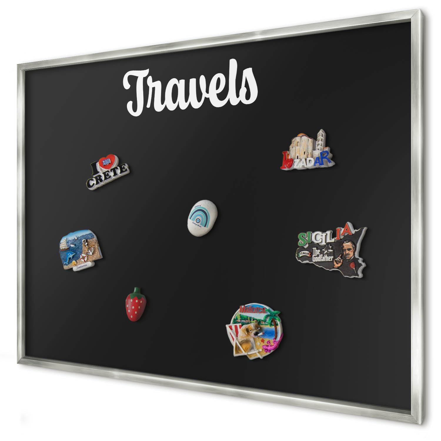 Panel Magnético 100x70 cm | con Marco Plateado | Travels | Montaje Fácil | Organizador de Pared | Para Recuerdos de Vacaciones | Expositor de Imanes de Nevera y Postales | Para Cocina