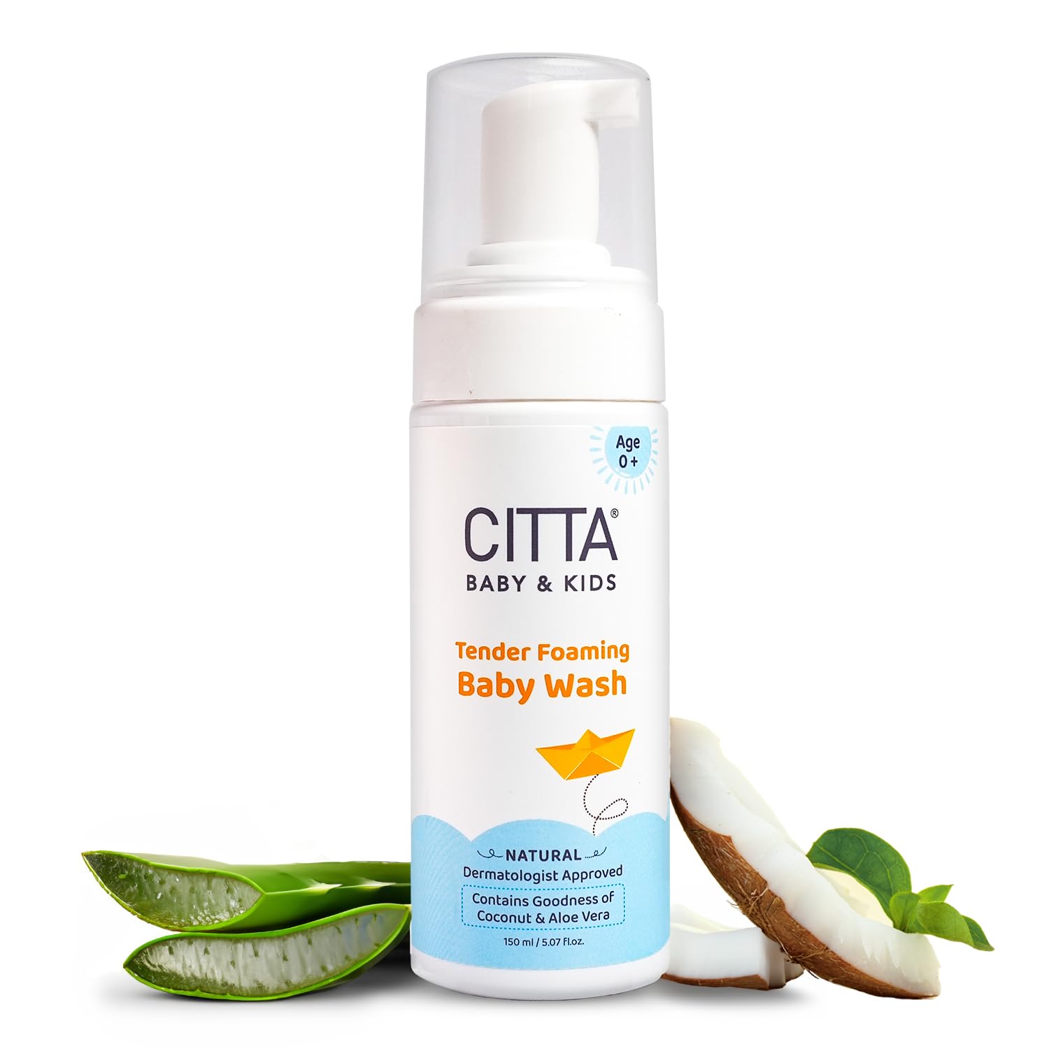 CITTA Foaming Baby Wash | Gentle Cleanser with Coconut & Aloe Vera | Tear-Free, Soap-Free & pH Balanced | Dermatologist Tested Natural Baby Body Wash That Moisturizes Skin | Tender Care Formula | 150ml | Milky Soft