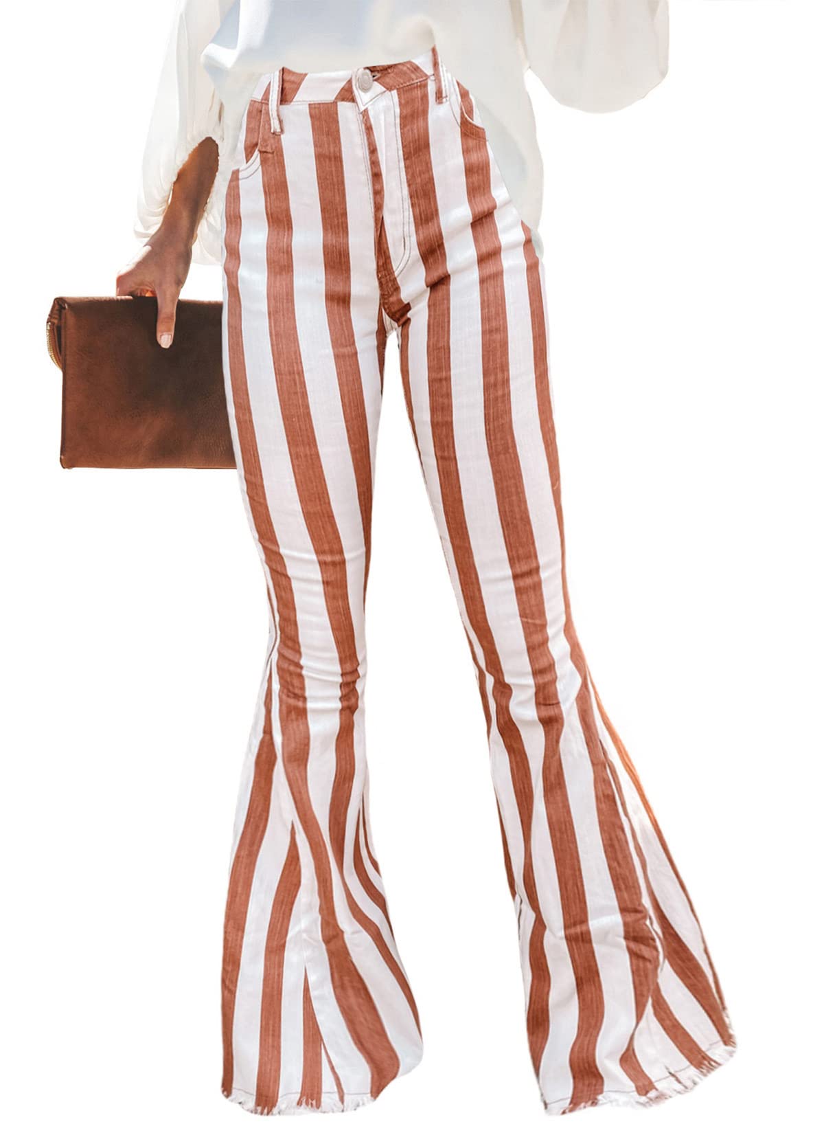 SidefeelWomens Striped Bell Bottom Jeans Raw Hem Flared Denim Pants