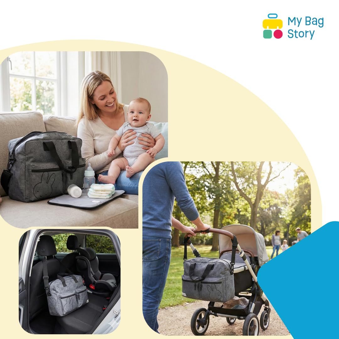 mybagstory - Wickeltasche mit großem Fassungsvermögen und Wickelunterlage, Motiv Miffy | Größe 40 cm und verstellbare Schultergurte.