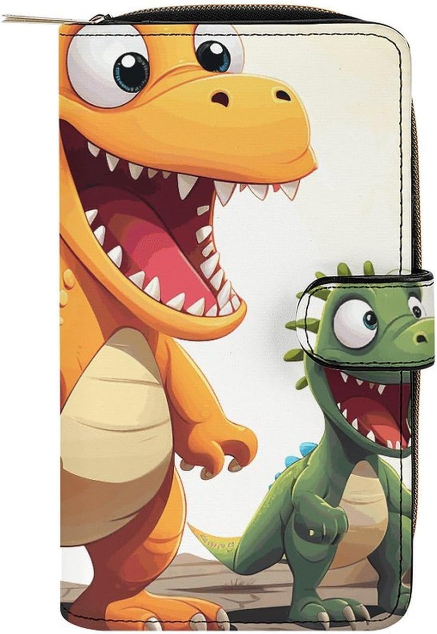 Genuine Leather Multi-Functional Wallet - Compact Card Holder, Cartoon Dinosaur Images Printed Coin Purse & Key Organizer,Perfect for Travel, Work & Daily Use