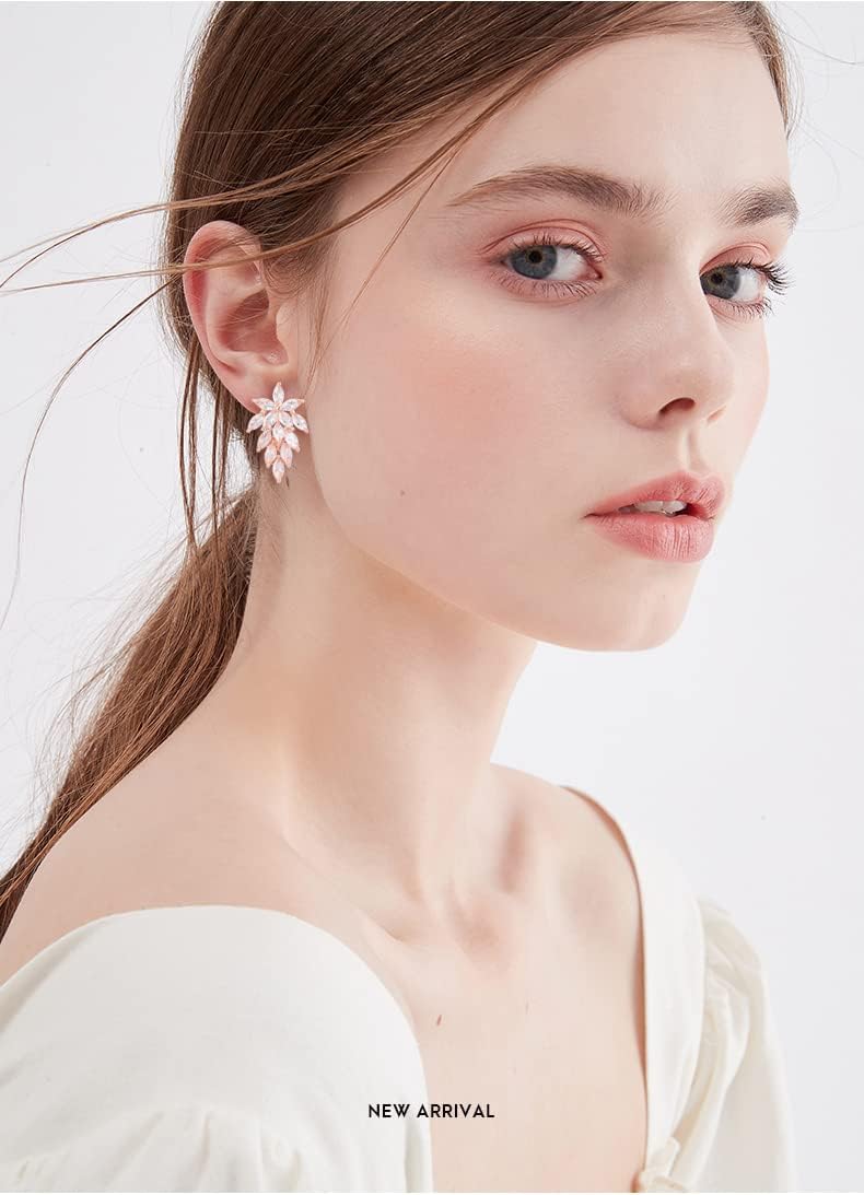 Cubic Zirconia Wedding Bridal Stud Earrings Sterling Silver Crystal CZ Rhinestone Birthstone Leaf Cluster Post Pieced Earrings Costume Jewelry for Party Prom Women Girls Gift - Image 2