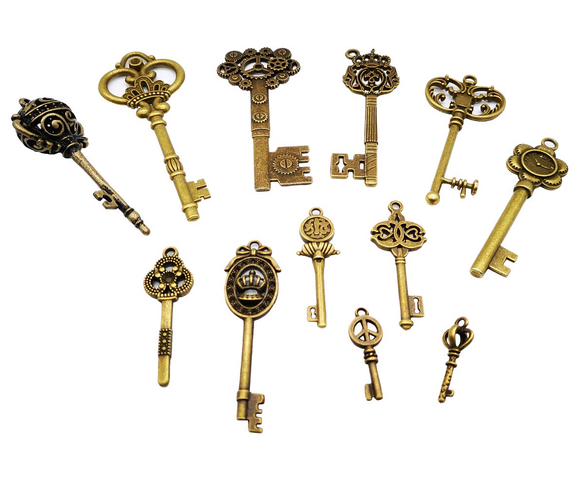 CHuangQi Vintage Skeleton Keys Set, Filigree Steampunk Keys, Antique Bronze Charms Pendants, Pack of 12 Different Style (Pack of 12)