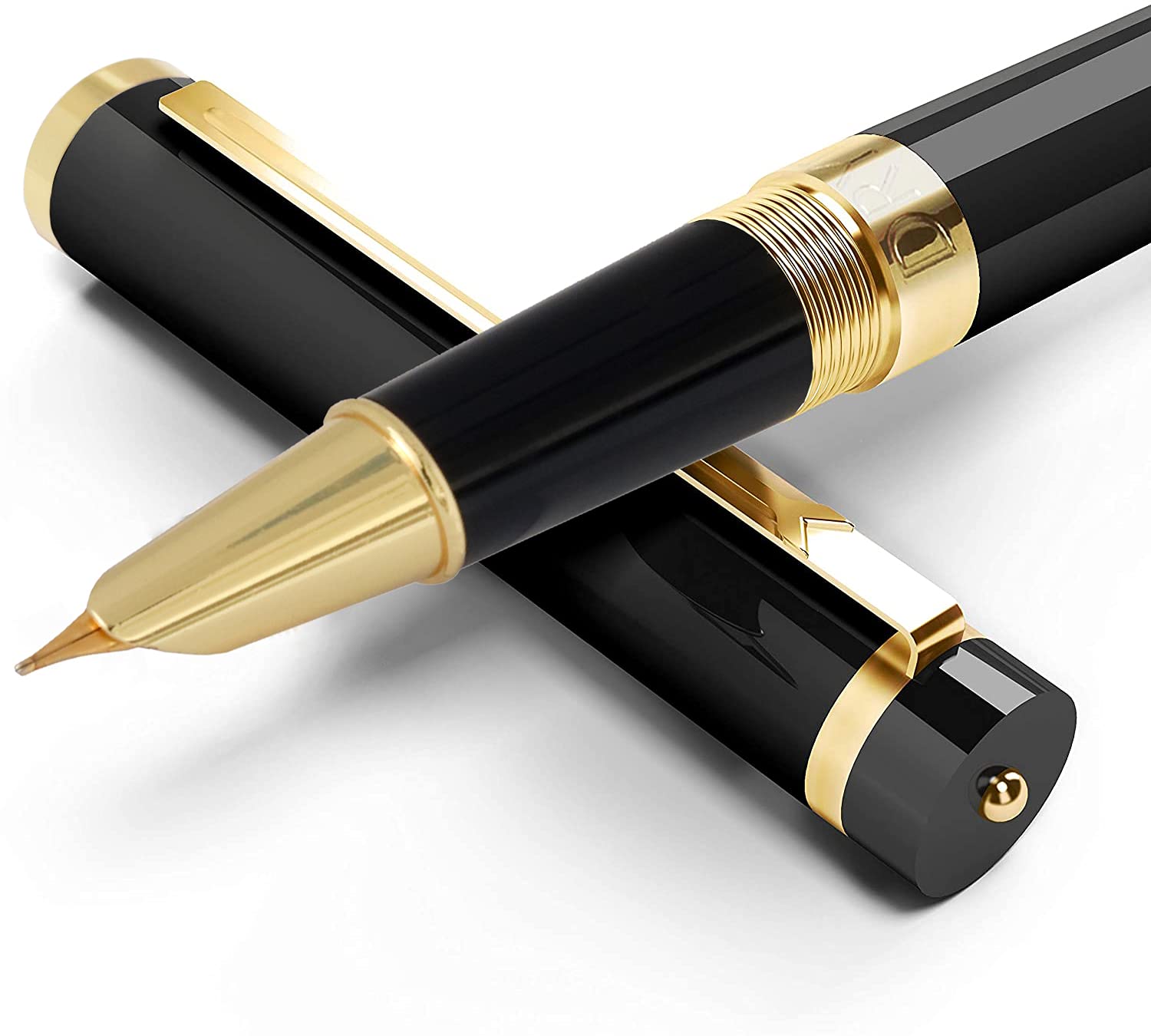 Dryden Designs Pluma estilográfica, punta media y fina, incluye 24 cartuchos de tinta y convertidor de recarga de tinta, bolígrafo de caligrafía, escritura consistente, aspecto suave, negro intenso.