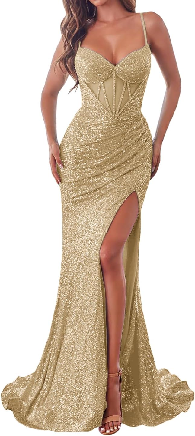 Women's Sequin Prom Dress V Neck Spaghetti Straps Mermaid Long Evening Dresses with Slit