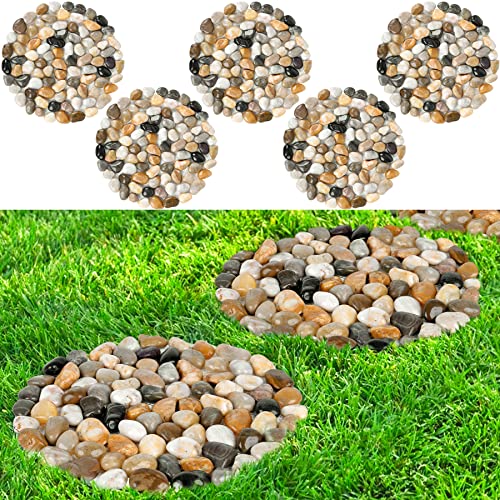 River Rock Stepping Stones Outdoor for Garden Walkway, 12 inch Diameter 5 Pcs Round Shape Paver Step Stones Polished Pebble River Stone Mat for Yard Lawn Patio Pathway Walk Way - Multi-Color