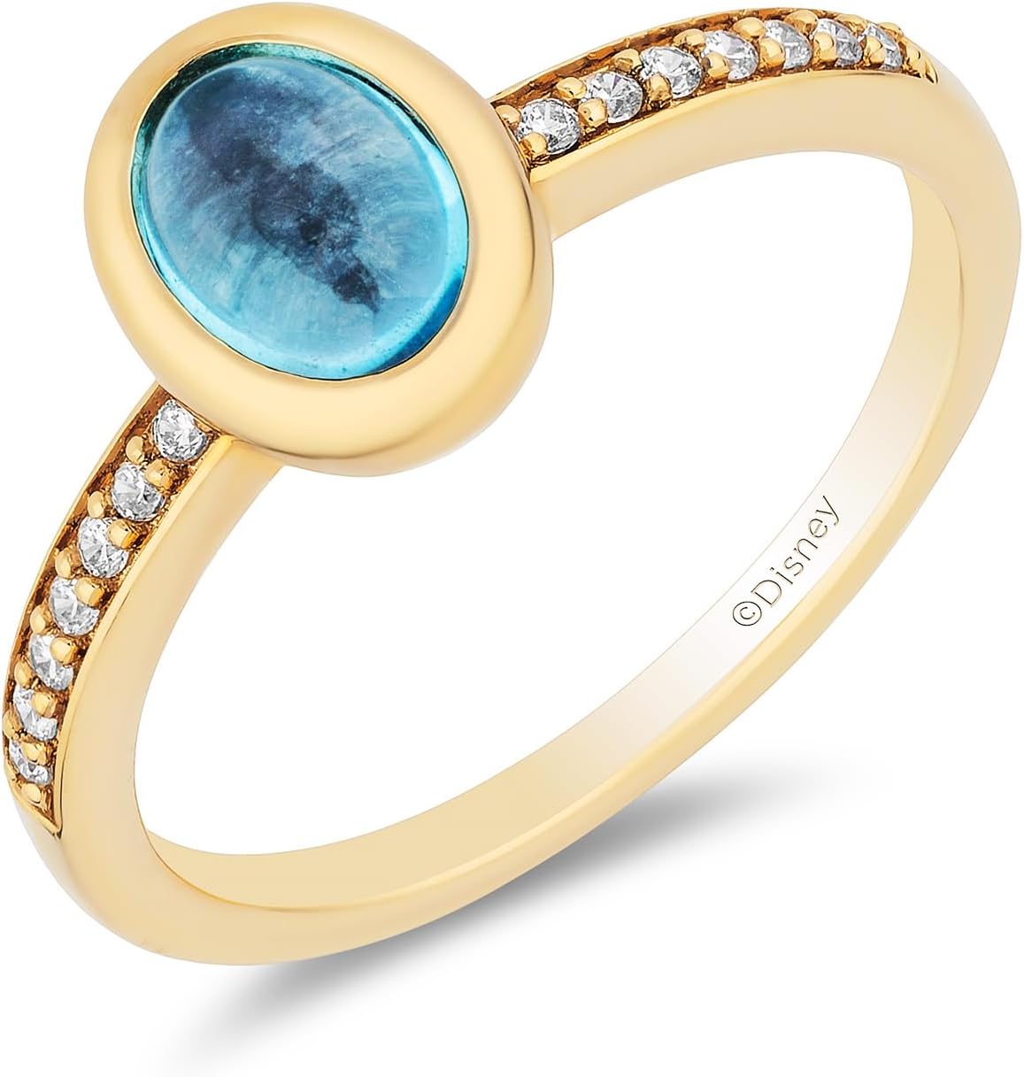 Jewelili Enchanted Disney Fine Jewelry 14K Yellow Gold over Sterling Silver with 1/10 CTTW Diamonds and Swiss Blue Topaz Jasmine Ring