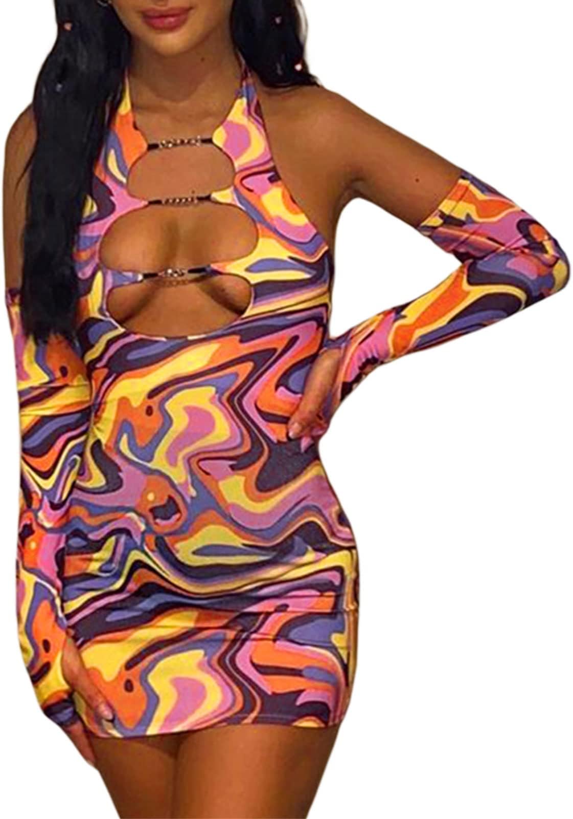 HYxwrjoker Halter Neck Bodycon Mini Dress for Women Hollow Out Dresses Sexy Cut Out Club Party Short Dress with Gloves