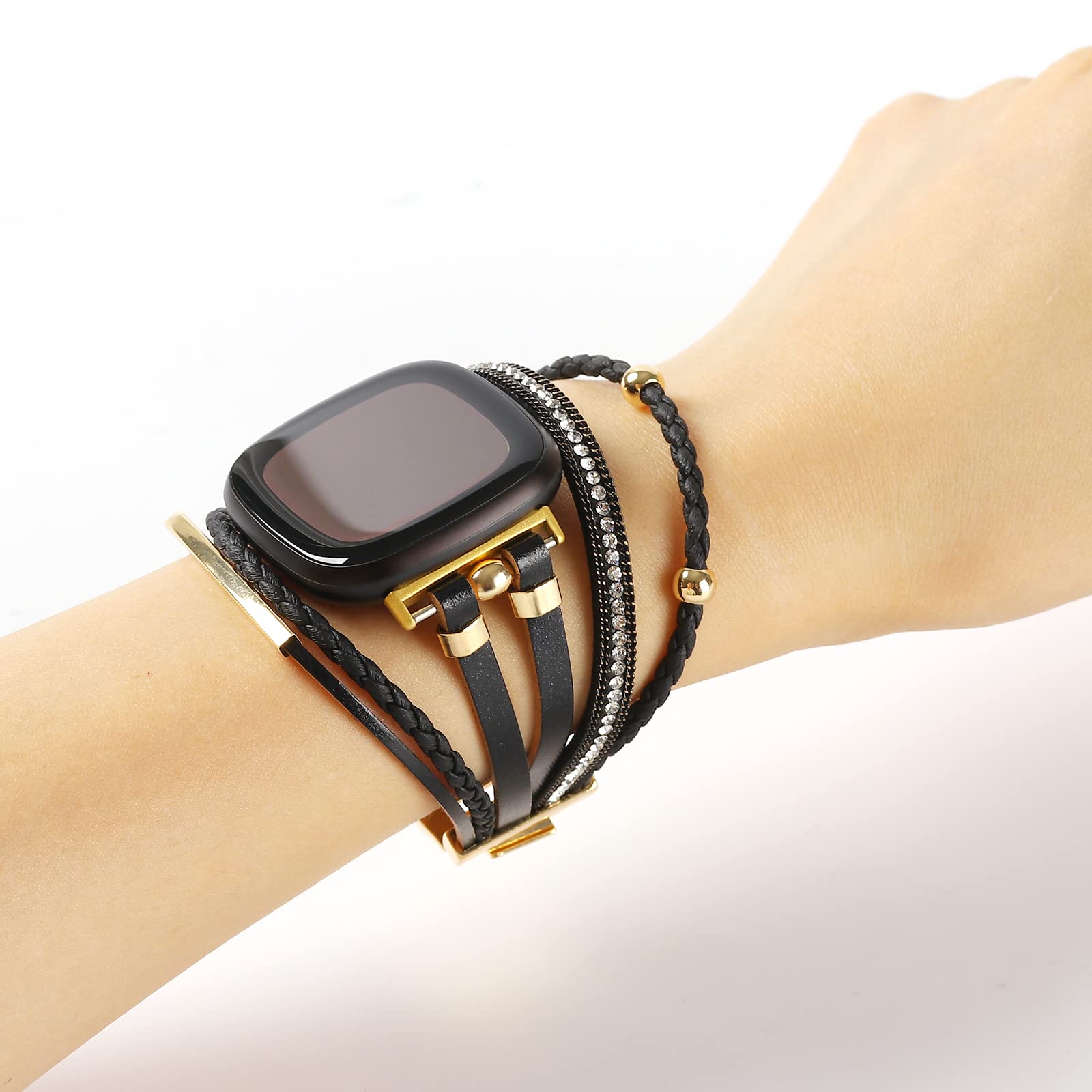 Posh Leather Bands Compatible with Fitbit Versa 3/Fitbit Sense, Women Boho Stylish Multilayer Wrap Bracelets Wristband, Handmade Adjustable Jewelry Strap for Sense/Versa 3 Smart Watch