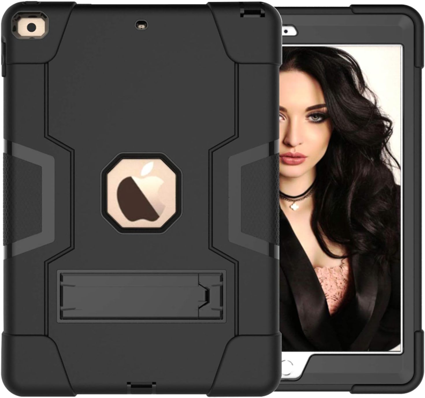 HyFoneCase for iPad Air 9.7" - Rugged Sturdy Shockproof Heavy Duty Durable Full Body Protective Kickstand Cover Case for iPad A1474 A1475 A1476 - [Black/Black]