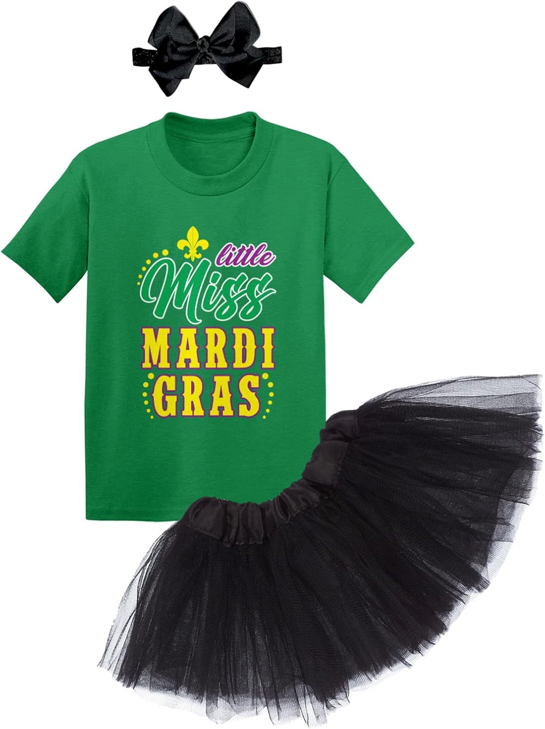 Tcombo Little Miss Mardi Gras Baby Bodysuit + Tutu Skirt + Bow Headband Set