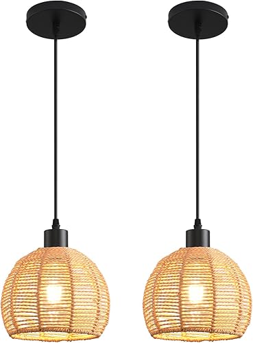 Miniatura 17 de Lámpara colgante tejida estilo bohemio, lámparas colgantes de ratán para isla de cocina, iluminación colgante de granja con pantalla de mimbre 1