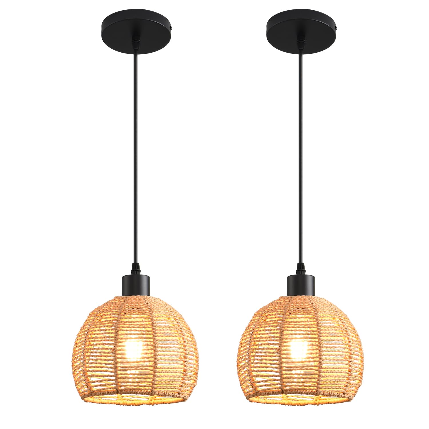 Woven Pendant Light Boho Chandelier, Rattan Pendant Lights Kitchen Island, Farmhouse Pendant Lighting with Hand Woven Wicker Shade, Boho Chandelier