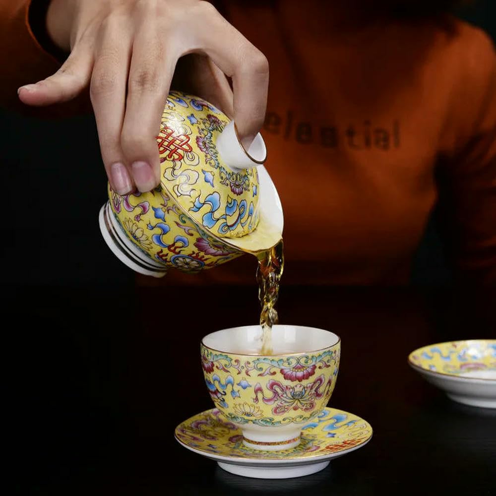 Farbige Emaille Sancai Gaiwan Weißes Porzellan Deckel Schüssel Untertasse Große Teetasse Handgefertigte Terrine Reise-Teegeschirr-Set Geschenk ()