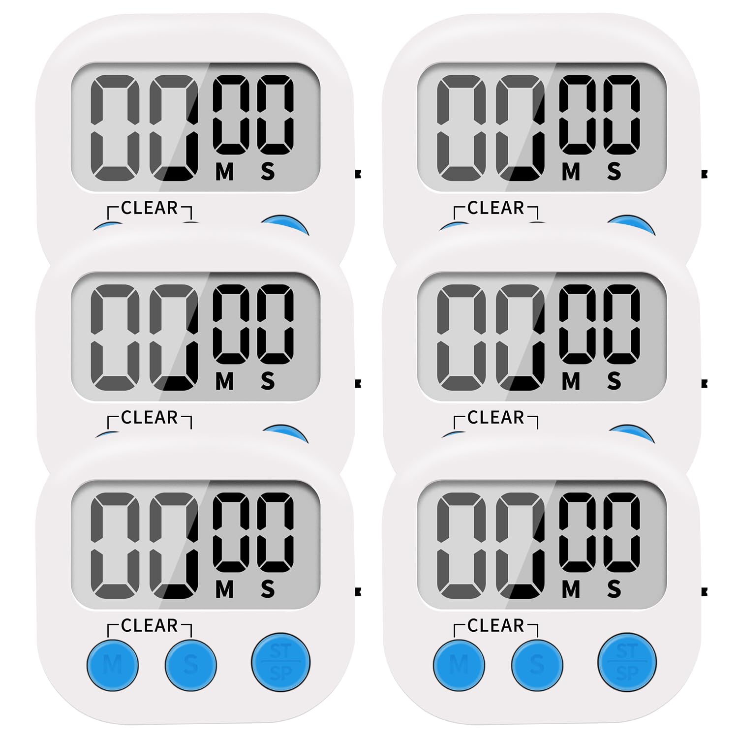 6 Pack Small Digital Kitchen Timer Magnetic Back and ON/Off Switch,Minute Second Count Up Countdown, White