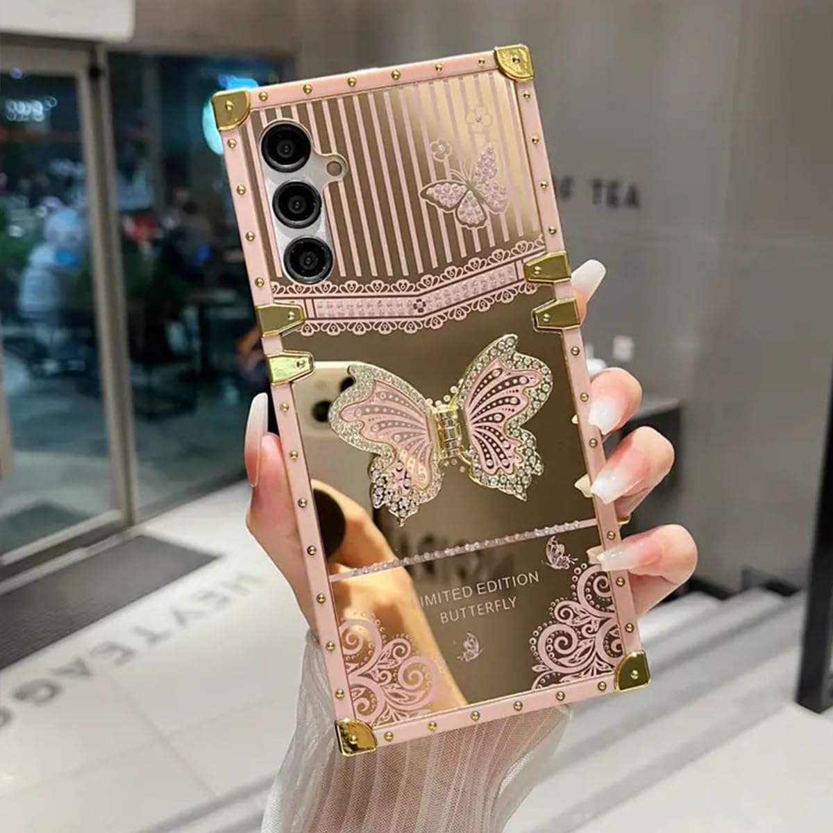 for Samsung Galaxy S25 Ultra Glitter Kickstand Case,Cute Luxury Bling Sparkly Diamond Butterfly Foldable Stand Elegant Mirror Shockproof Women Girls Protective Case for Galaxy S25 Ultra, Pink - Image 5