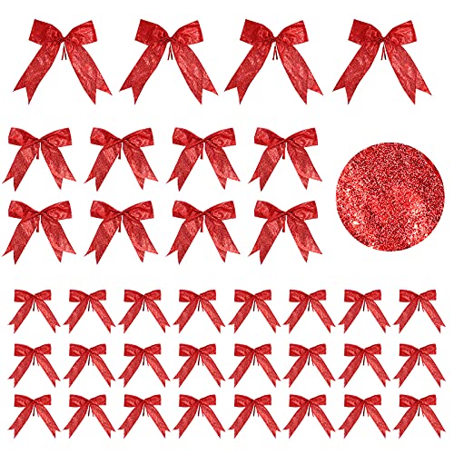 Waydress 36 Pieces Bow Decor, Christmas Tree Bow Ornament, Glitter Ribbon Bowknot for Wreath Garland, Party Crafts Home Decoration, 3 Sizes 4.3 x 4.7, 5.1 x 5.5, 6.3 x 6.7 Inch(Red)