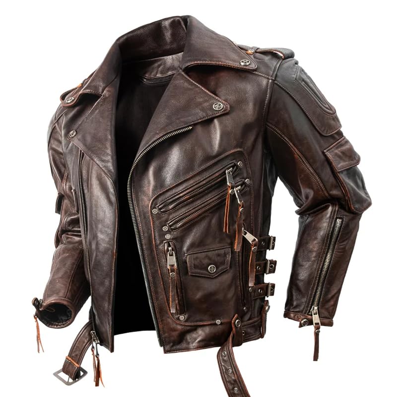Mens Classic Heavy Motorcycle Leather Jacket Vintage Biker Real Cowhide Cafe Racer Asymmetrical Zipper Jacket Mens2