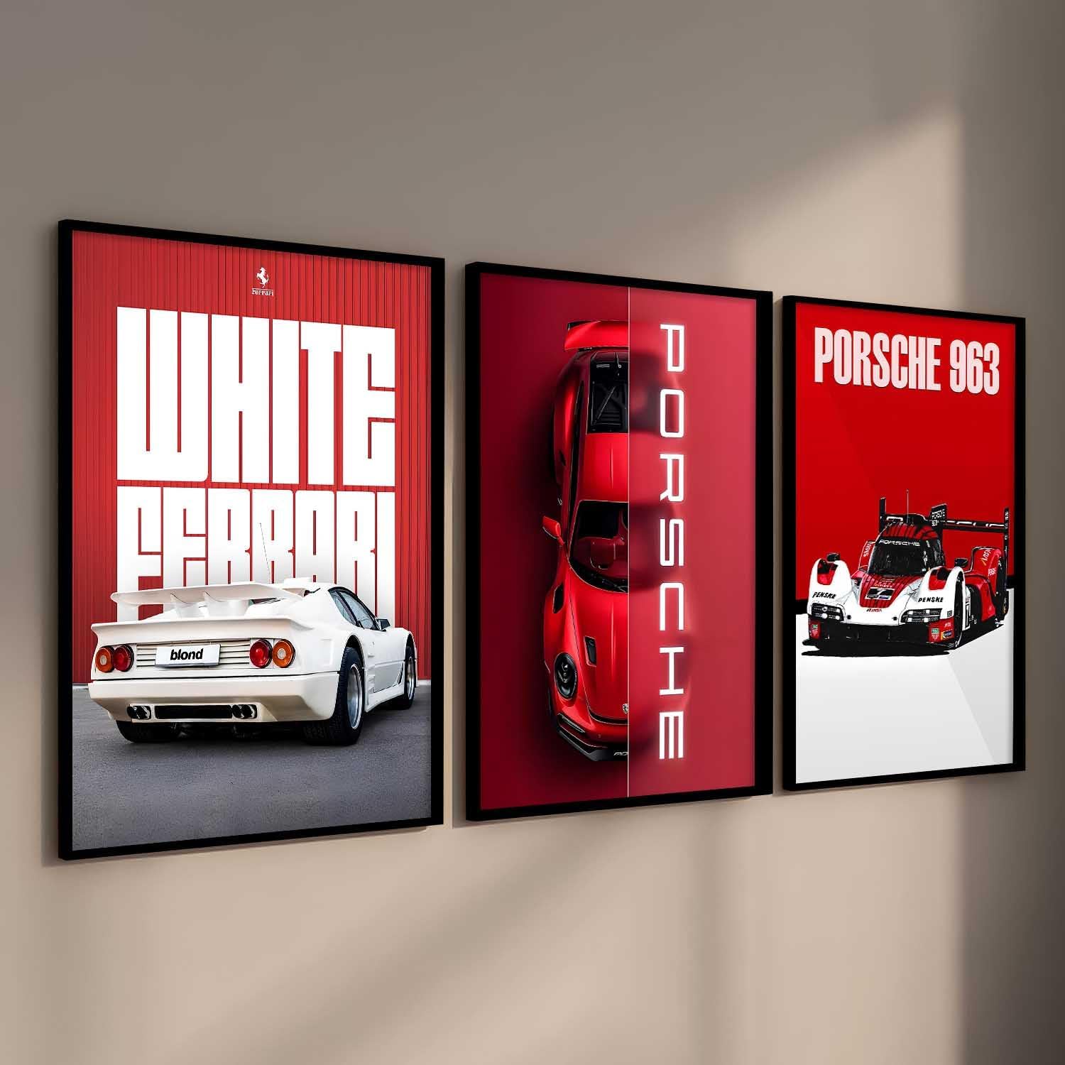 Big Porche Car Framed Posters Gift Items for Boys Room Wall Decoration Bedroom Living Room Office Studio Décor | Car Poster Frame for Wall Décor Set Of 3 Size (13 X 17 inch)