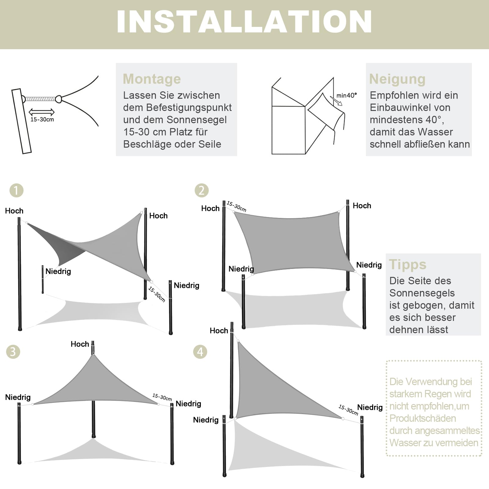 AXT SHADE Sonnensegel Quadratisch 2,5x2,5m Atmungsaktiv Wasserdurchlässig Sonnenschutz Wetterschutz Windschutz HDPE mit UV Schutz für Terrasse Balkon Garten-Creme