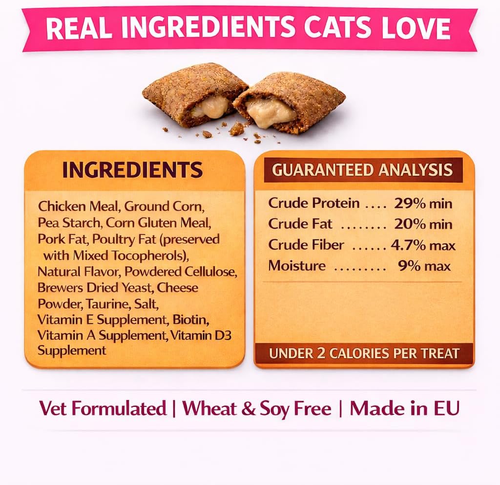 Calming Cat Treats for Indoor Cats – Crunchy Soft Pillow Bites with Gooey Center – Chicken Low Calorie Kitty Treats – Cat Snacks Food Topper Training Reward Wheat Soy Free Healthy Dental – 9oz