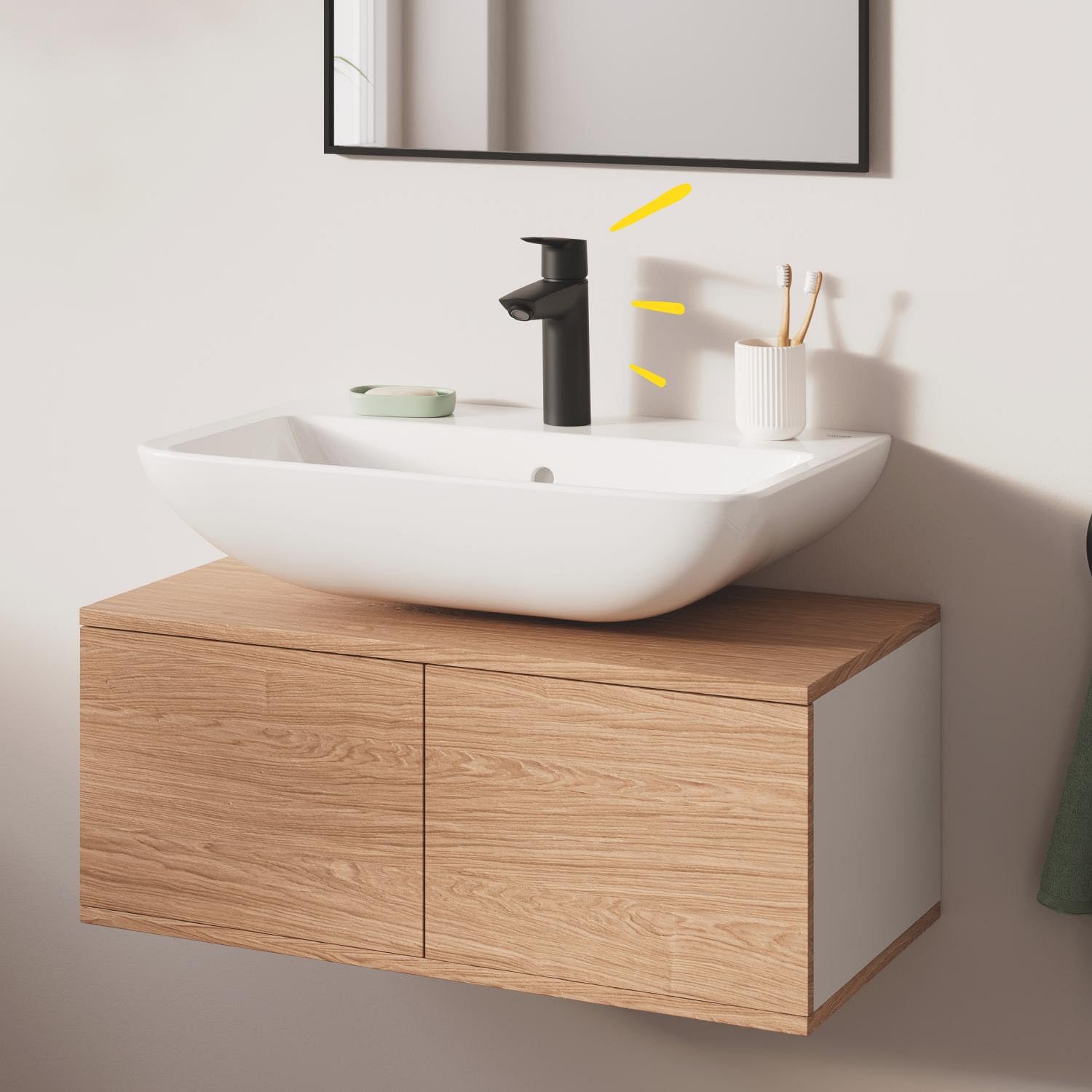 GROHE QUICKFIX Start Robinet de salle de bains lavabo, mousseur économie d'eau, bonde clic clac assortie incluse, installation et nettoyage facile, taille M, Noir Mat, 235752432 (Import Allemagne)