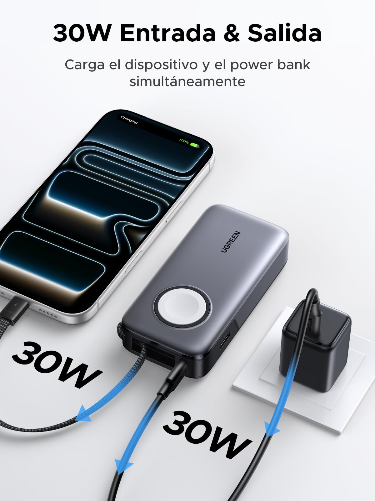 UGREEN Nexode 30W Power Bank 10000mAh Batería Externa USB C Carga Rápida | 4 EN 1, Cable Type C Integrado, 2 Puertos 1C1A, Carga Magnética 5W para iWatch, Compatible con iPhone 17 16 14 Galaxy S26 S25