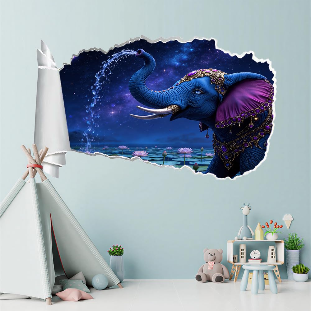 Stickers Muraux 3D Smashed Murales Animaux Éléphants Autocollants De Sol En Imperméables Amovibles Art Paysage Du Lac Lotus Pour Chambre Salon Bureau Pépinière Décoration Murale