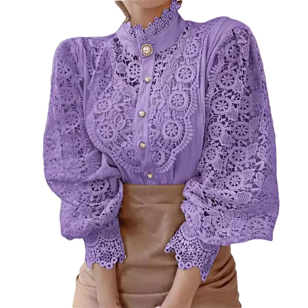 Camisa de encaje hueco con cuello alto para mujer, color liso, empalme de manga larga