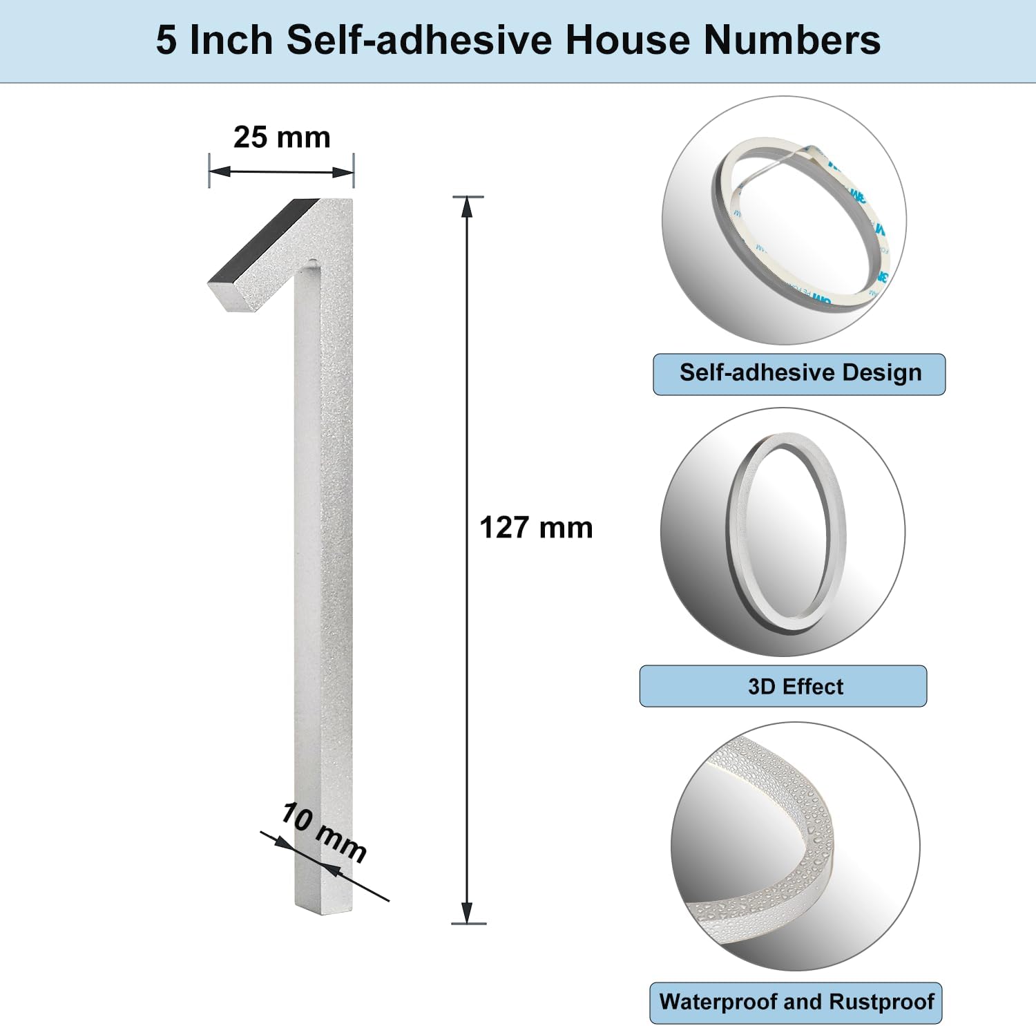 Door Numbers, 5 Inches 3D Self Adhesive House Numbers, Address Numbers，Mailbox Number Stickers for House Mailbox Apartment Hotel Courtyard Silver(1)