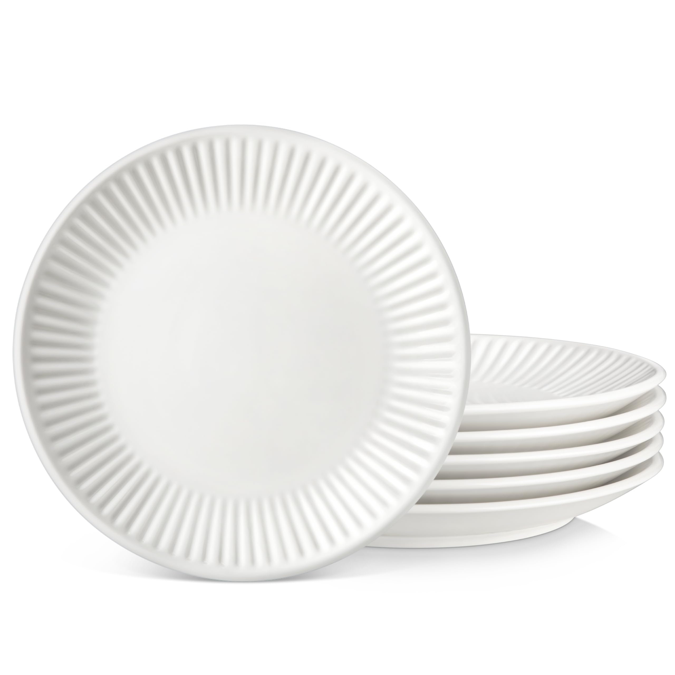 MALACASA Geprägtes Speiseteller 6 Personen, Ø 26 cm Große Teller Set aus Porzellan, Geripptes Strukturiertes Essteller, Weiß, Spülmaschinenfest, Skandinavisches Serie LEILA