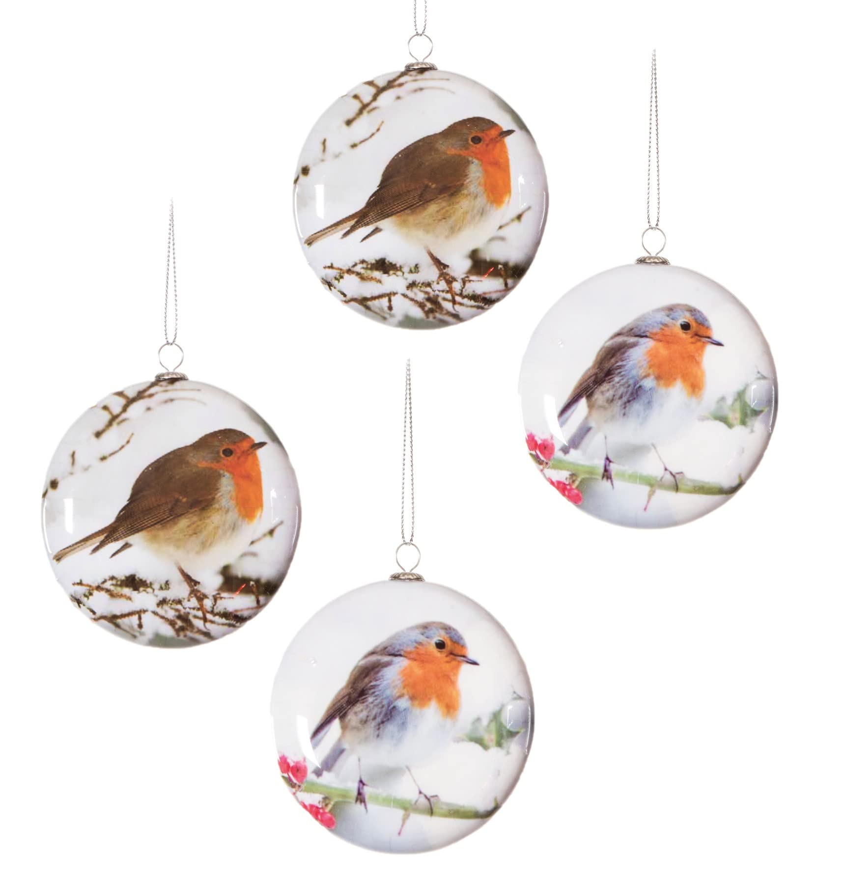 Widdle Gifts Silver Set Of 4 Disc Baubles 80Mm Tree Decoration - Robin 1508