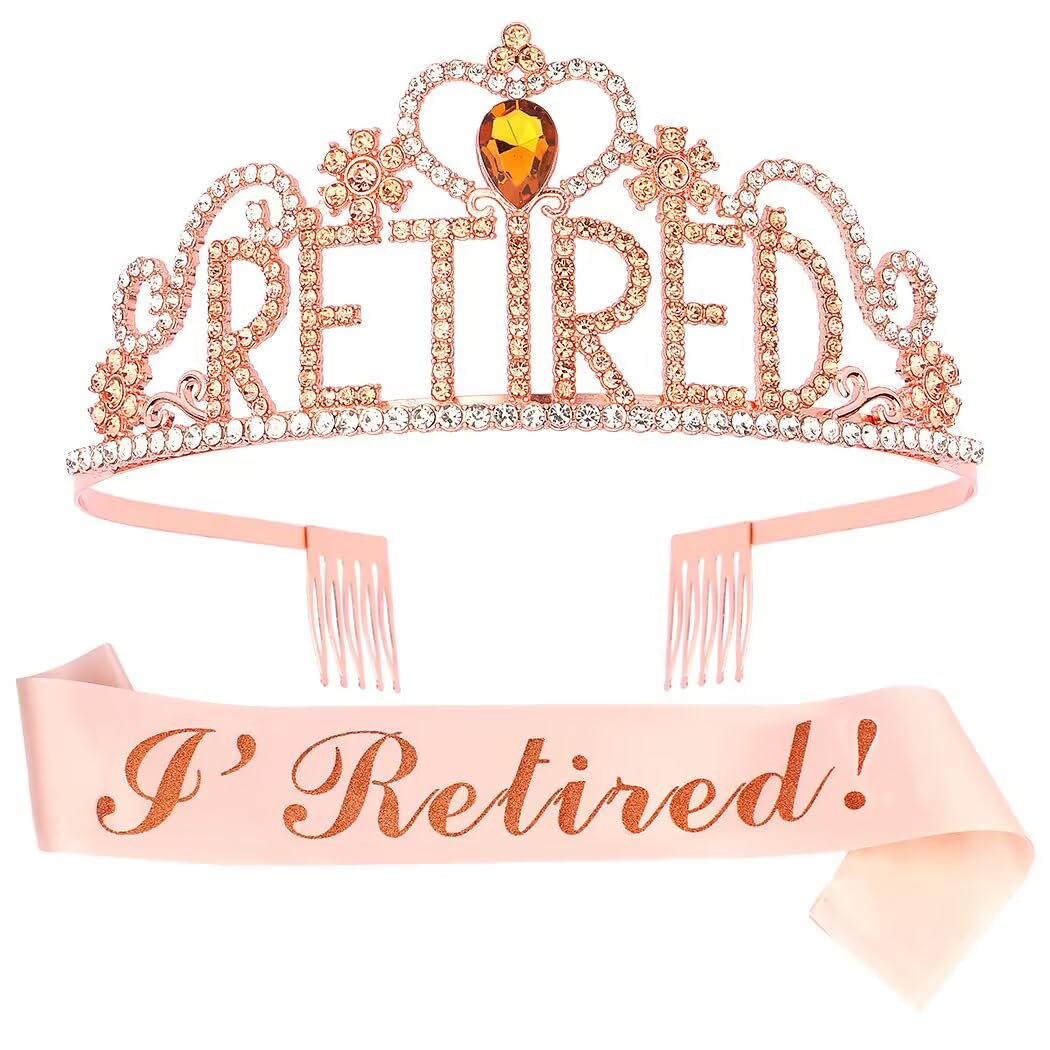 AOPRIE Retired Headband Rose Gold Crwon Tiara for Women Men with Sash for Retirement Work Party Events Party Supplies Gifts Favors Decorations