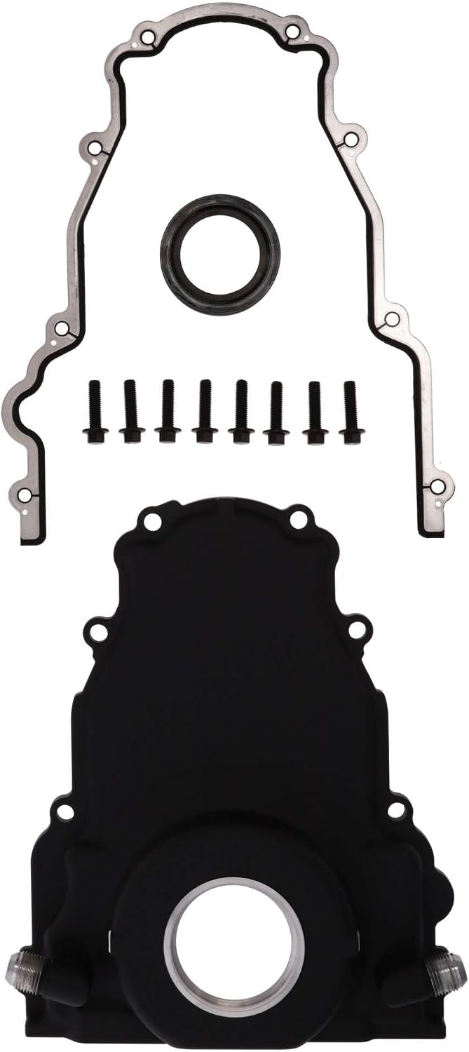 Top Street Performance 1-Piece Aluminum Timing Cover for GM LS with Turbo Oil Drain Return, Crank Seal, and Gasket - Black