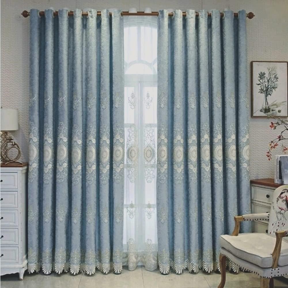 Amidoudou 1 Pair European Luxury Living Room Chenille Curtains Embroidered Curtains for Bedroom (Blue,51x96 Inch)