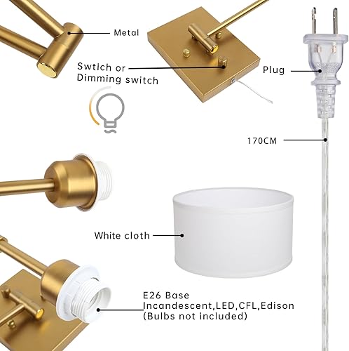 Miniatura 5 de Aplique de pared con cable enchufable de tela vintage, lámpara de pared con brazo oscilante para interiores con interruptor de encendidoapagado,