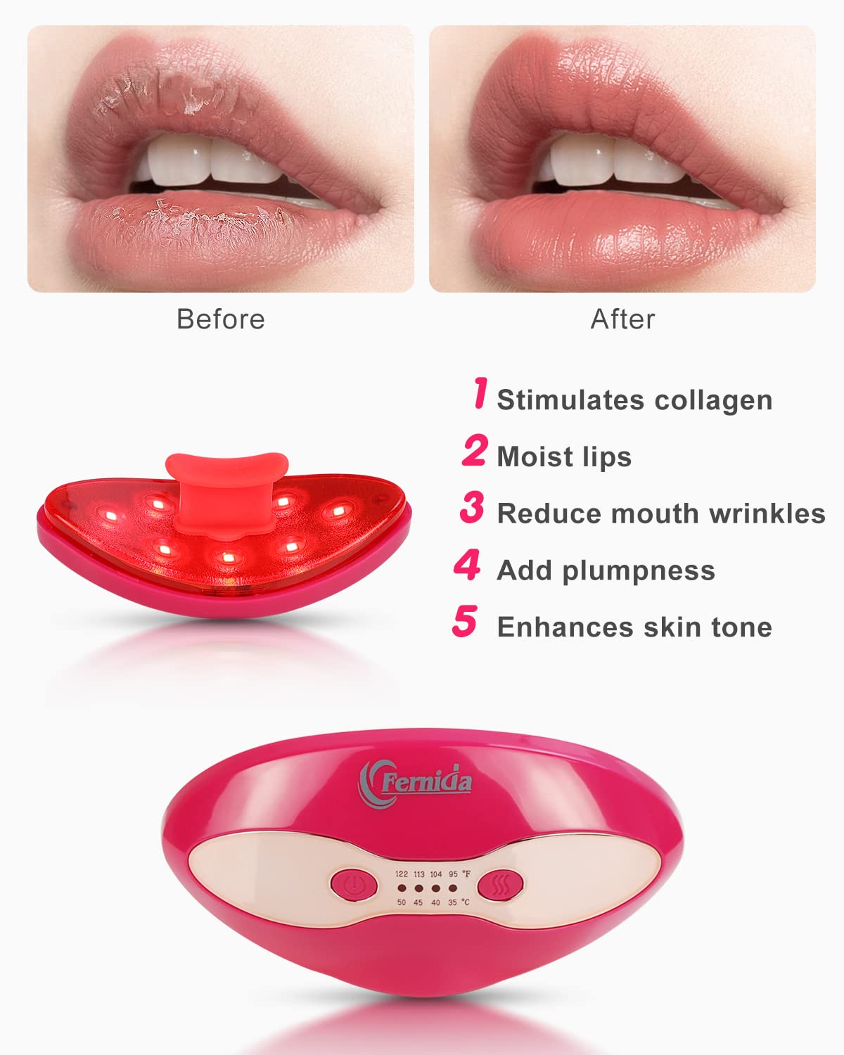 FERNIDA Lippen und Augenpflege Rotlicht Gerät mit Heizung für Glättung von Lippenfalten, Lippenfarbe Verbessern und Reduzierung von Augenringen, 4 Heiztemperaturstufen, Rot