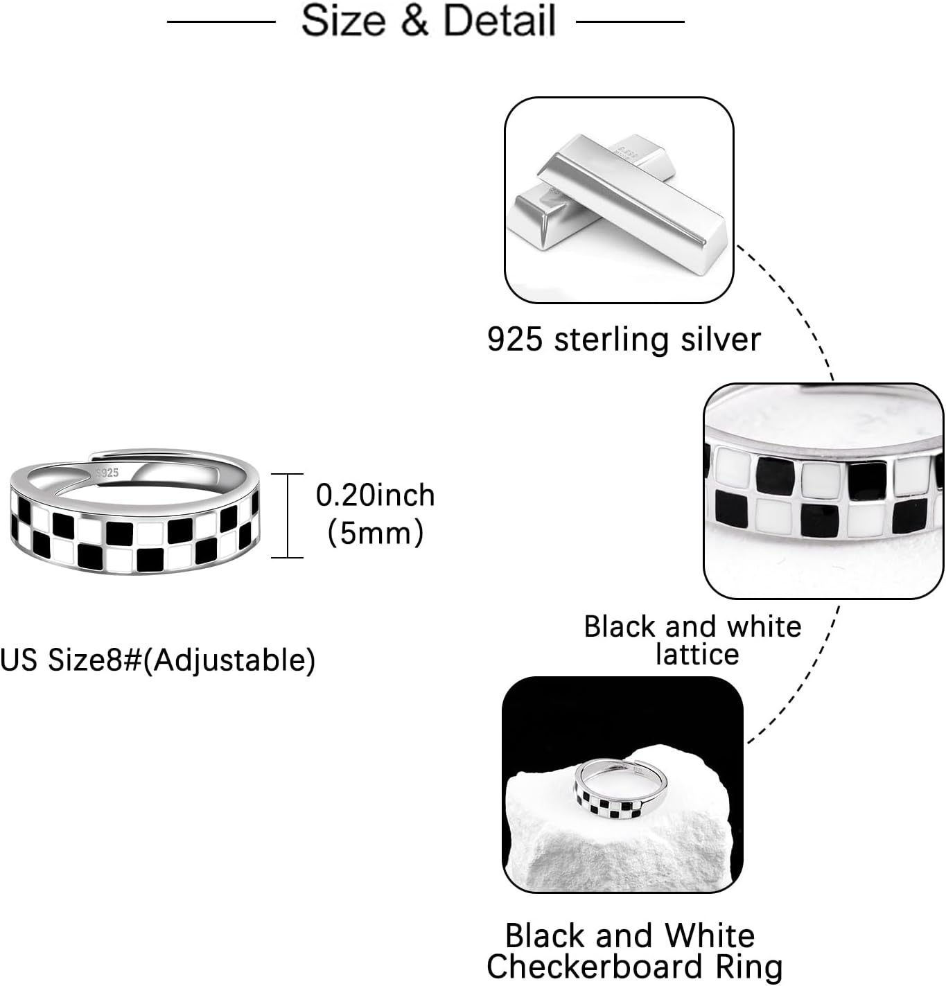 Checkerboard Adjustable Rings for Women - 925 Sterling Silver International Chess Rings Fashion Chessboard Ring Dainty Racing Flag Jewelry Gifts for Racer Black and White Ring for Women Men - Image 5